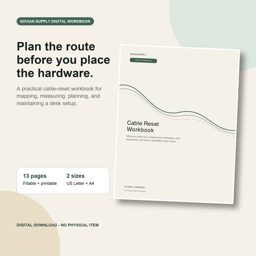 Cover of the Novian Supply Cable Reset Workbook, a fillable PDF for planning a desk cable setup