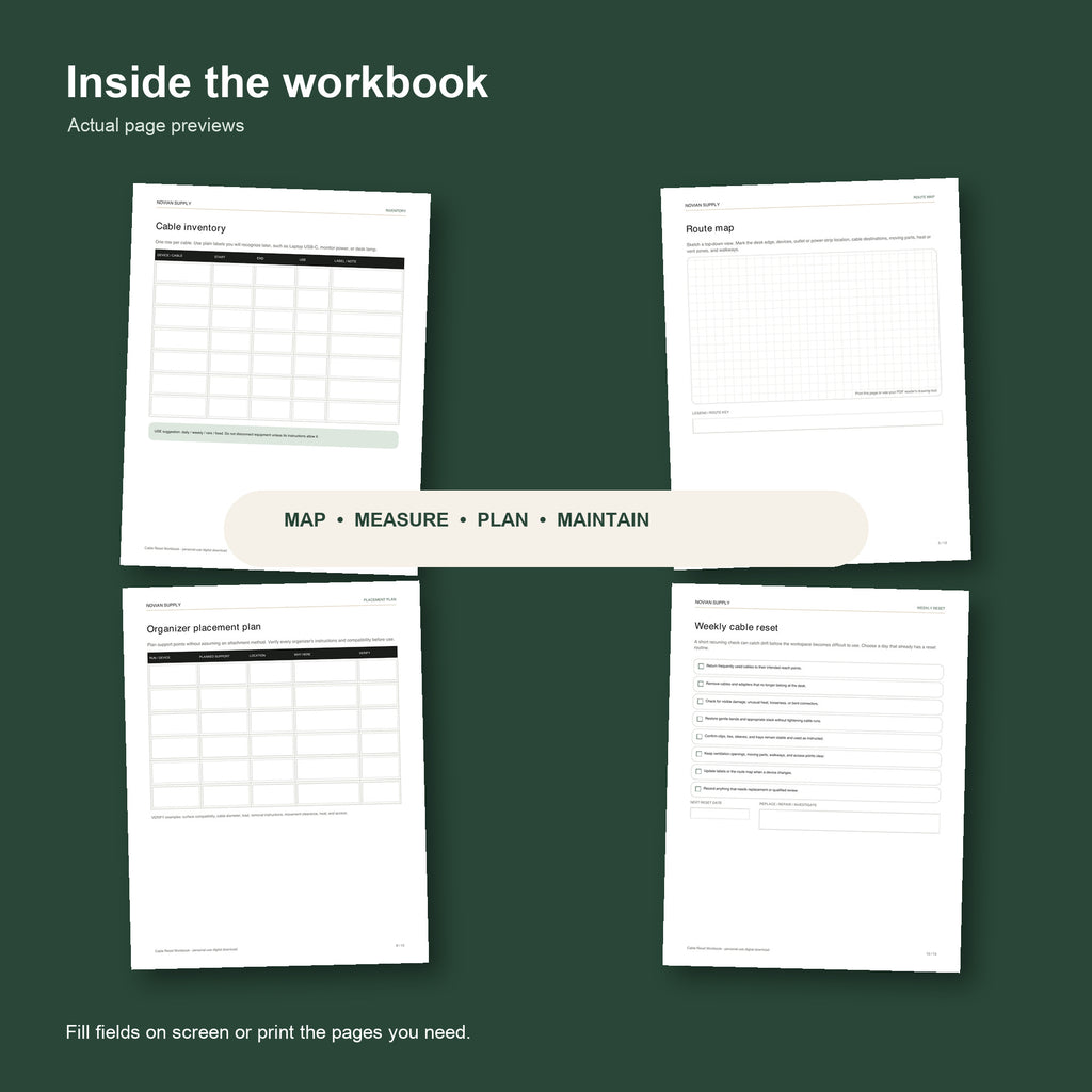 Sample interior pages of the Cable Reset Workbook showing fillable cable-mapping and labelling worksheets