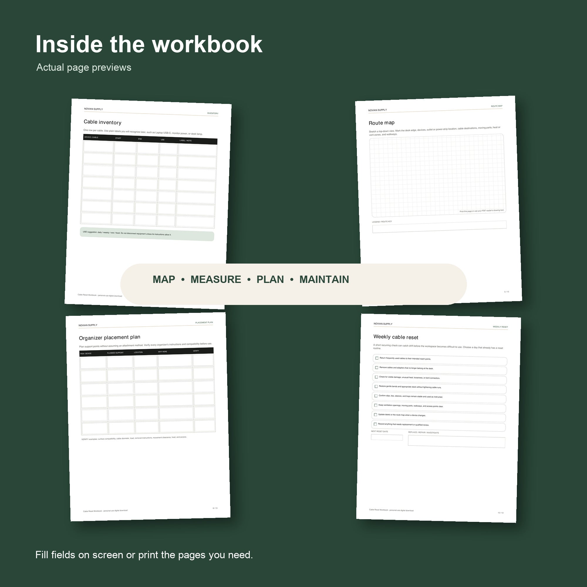 Sample interior pages of the Cable Reset Workbook showing fillable cable-mapping and labelling worksheets