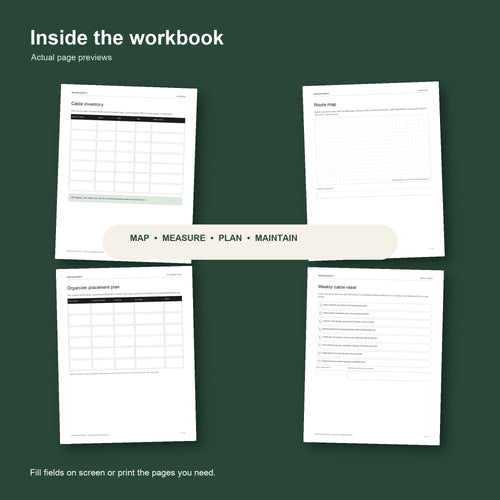 Sample interior pages of the Cable Reset Workbook showing fillable cable-mapping and labelling worksheets