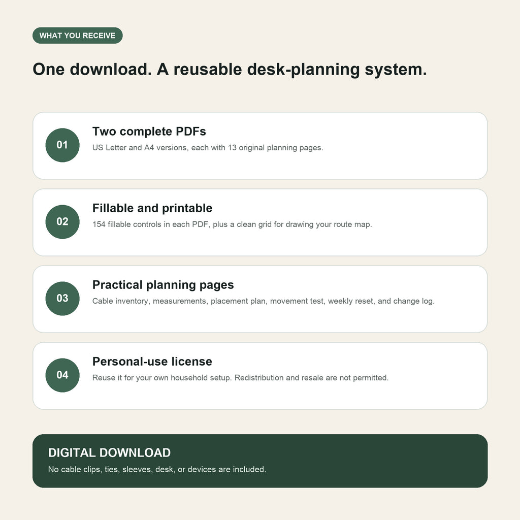 What the download includes: US Letter and A4 fillable PDFs, 13 pages each, plus a Read Me file
