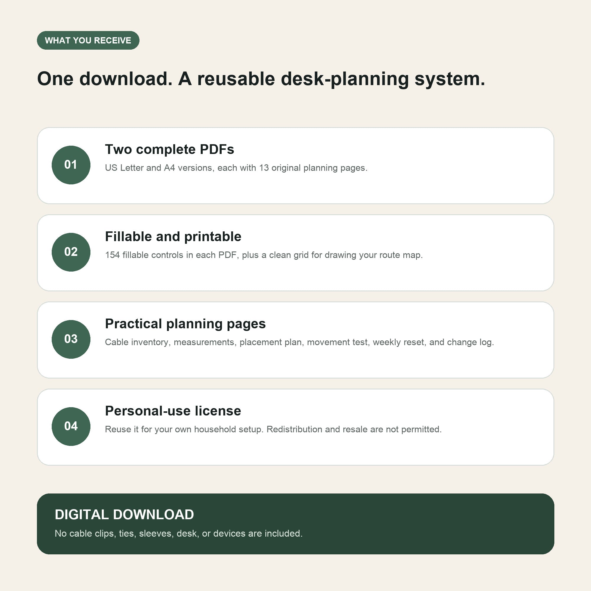 What the download includes: US Letter and A4 fillable PDFs, 13 pages each, plus a Read Me file